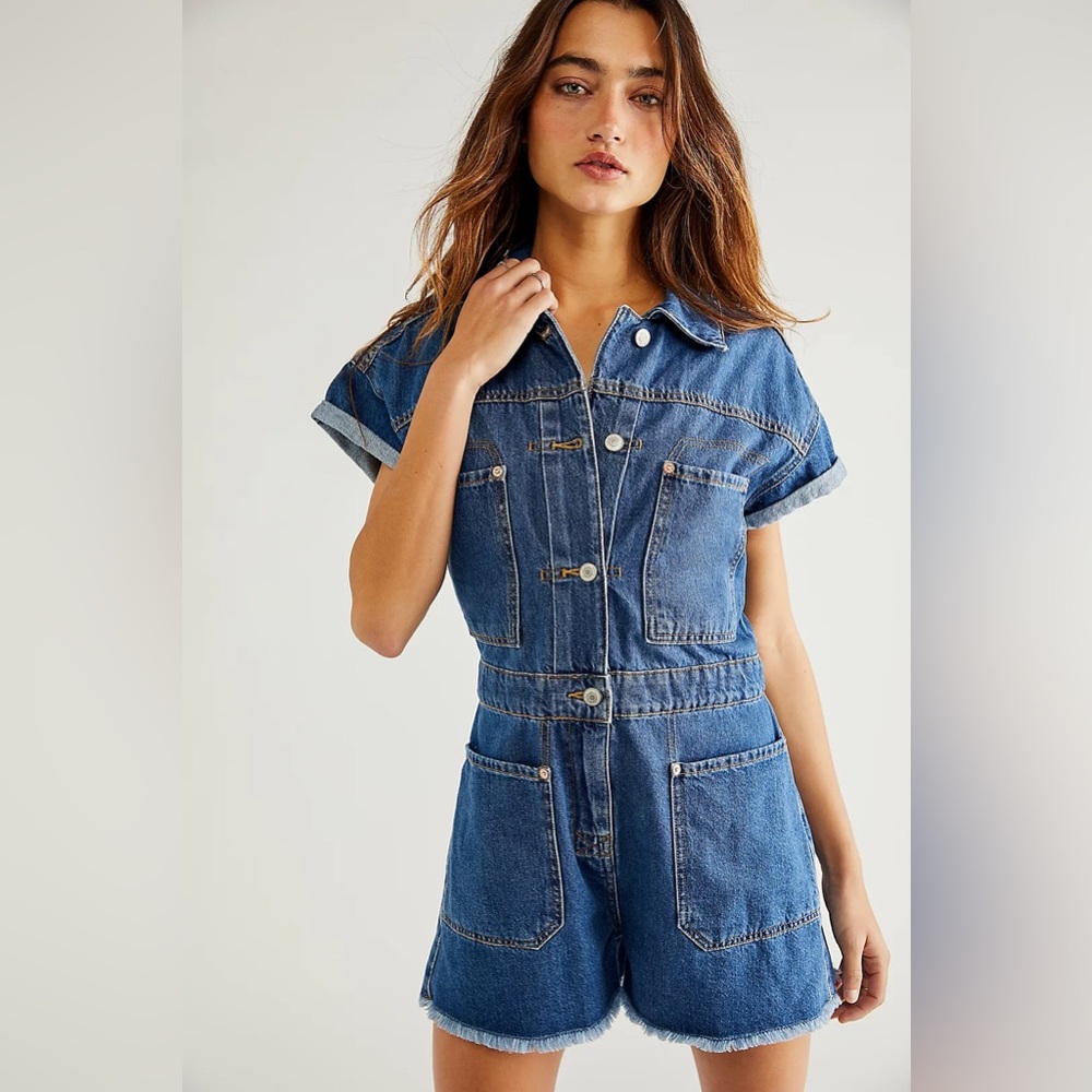 Free People Work Hard, Play Harder Denim Playsuit